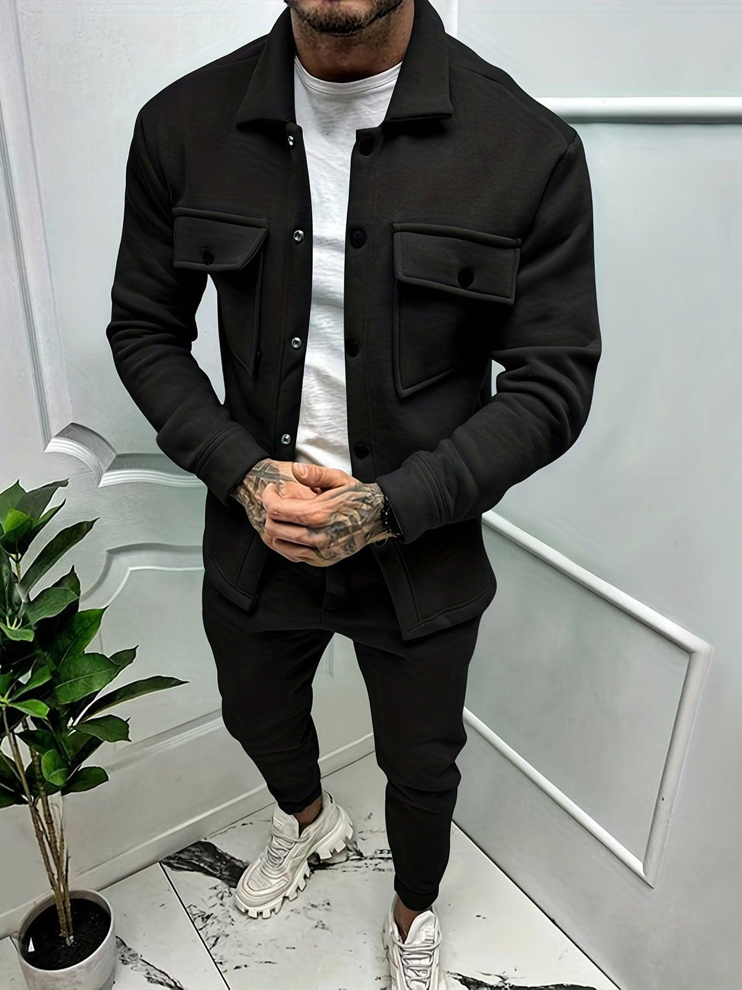 Herren Set Grau Baumwolle Locker, Casual Jacke und Hose für Männer-1
